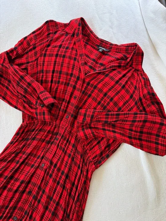 Express Red and Black Plaid Long Sleeve Dress - Picture 6 of 10